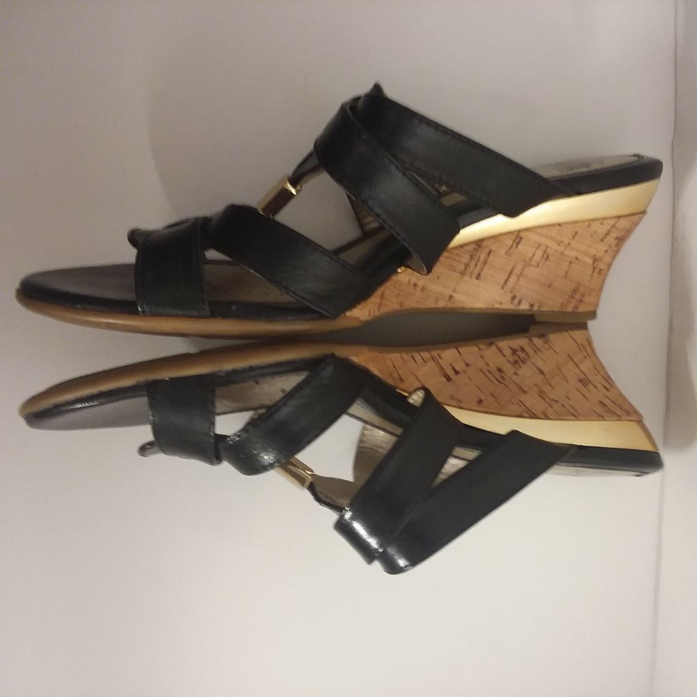 Sofft black leather wedge sandal with gold detail